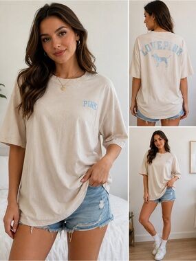PINK Cream Short Sleeve Logo Tee